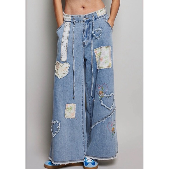 POL Denim - 189. Floral Patchwork Heart Embroidered Wide Leg Jeans Light Wash Lace Trim Boho